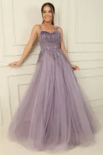 Strappy Neckline Feathered Sequin and Bead Embellished Lined Long Princess Evening Dress