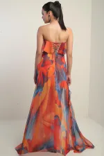 Kadın Straplez Astarlı Büyük Çiçekli Volanlı Şifon Uzun Elbise