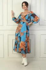 Madonna Neckline Lined Cross-Tie Floral Wrap Chiffon Dress