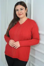 Chemisier grande taille à rayures et imprimé pierre sur le devant, col en V, en maille côtelée à fil froid.