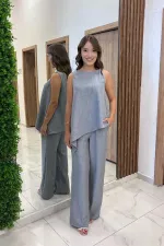 Kadın  Toka Detaylı Eteği Asimetrik Bluz Beli Lastikli Cepli Palazzo Pantolon Keten 2'li Takım