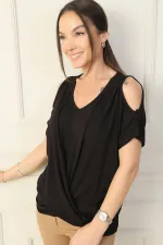 Chemisier en viscose à col en V et épaules dénudées pour femme, manches courtes chauve-souris nouées