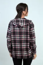 Chemise à capuche pour femme, motif à carreaux, poches à boutons métalliques