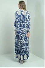 Robe longue hijab pour femme, col mandarin, boutons sur le devant, poignets élastiqués, motif châle