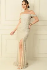 Kalın Askılı Astarlı Önü Büzgülü Pulpayet Uzun Elbise