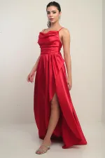 Robe longue en satin pour femme, à bretelles, laçage au dos, doublée et à volants.