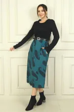 Kadın Beli Kemerli Eteği Şal Desenli Astarlı Elbise