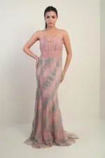 Women's Beaded and Stone Detailed Lined Underwired Long Dress with Transparent Top