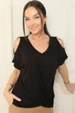 Chemisier en viscose à col en V et épaules dénudées pour femme, manches courtes chauve-souris nouées