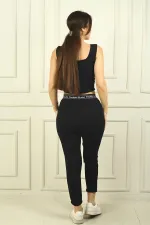 Kadın Beli Yazılı Lastikli Cepli Pileli Scuba Crep Pantolon