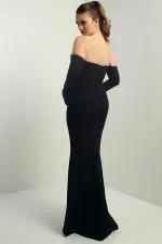 Kadın Straplez Takma Kollu Telalı Astarlı Krep Uzun Abiye Elbise