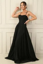 İp Askılı Balenli Üstü Drapeli Astarlı Tül Simli Uzun Abiye Elbise