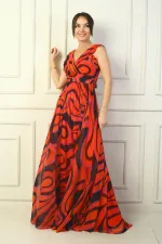 Women's Front and Back V-Neck Lined Abstract Patterned Tulle Long Dress