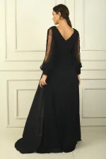 V-Neck, Draped Front, Lined, Tulle Guipure Detailed Sleeves, Wide-Size Chiffon Long Dress