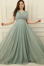 Wrap Neck, Lined, Nail Sleeve, Full Circle, Flared Chiffon Tulle Plus Size Long Dress