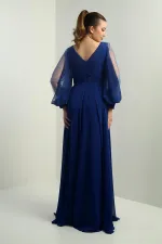 Front and back V-neck, draped front, tulle sleeves, lined, wide-length chiffon dress.