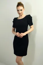 Women's Boat Neck Dress with Buttoned Sleeves, Pleated, and Zipper Back