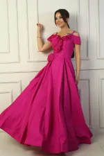Women's Strappy Boat Neck Long Taffeta Evening Dress with Rose Detail, Lined, and Pockets