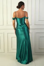 Kadın İp Askılı Düşük Kol Önü Drapeli Pencereli Astarlı Uzun Saten Elbise