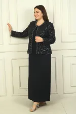 Ensemble 2 pièces pour femme, comprenant une veste en tulle ornée de sequins et de perles, une robe longue à manches demi-lune en crêpe doublée et un pantalon grande taille.