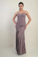 Women's Strappy Flocked Stone Print Lined Tulle Long Dress