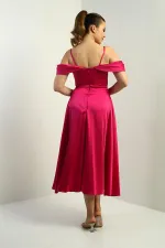 Kadın İp Askılı Düşük Kollu Astarlı Pileli Saten Kloş Uzun Elbise