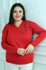 Women's V-Neck Plus Size Stoned Knit Blouse