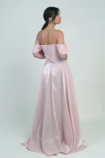 Kadın Parlak Taş Detaylı Straplez Düşük Kollu Organze Uzun Elbise