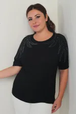 Chemisier grande taille à manches chauve-souris courtes pour femme, orné de strass aux épaules et en lycra.