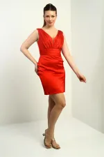 Women's V-Neck Draped Lined Short Satin Dress with Slit