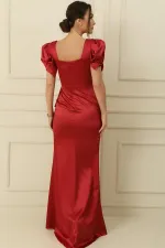 Kare Yaka Karpuz Kol Önü Drapeli Saten Uzun Kalem Elbise