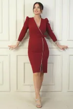 Robe midi cache-cœur pour femme, ornée de pierres scintillantes sur le devant, de manches à pompons et d'une ceinture à la taille.