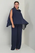 Cape en satin à col et doublure à sequins pour femme, chemisier sans manches, pantalon palazzo, ensemble 3 pièces en mousseline doublée grande taille