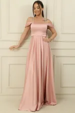 Askılı Taş Detaylı Kare Yaka Astarlı Uzun Saten Elbise