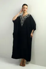 Women's V-Neck Embroidered Pocket Oversize Long Dress