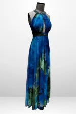 Kadın Önü Drapeli Astarlı Boncuk Detaylı Çiçekli Uzun  Şifon Elbise