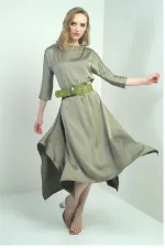 Women's Quarter Sleeve Asymmetrical Crepe Satin Midi Dress with Belted Waist