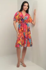 Women's Wrap Neckline Ruffled Sleeve Lined Belted Large Floral Chiffon Dress