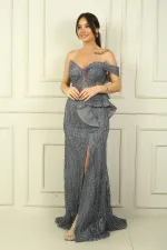 Kadın Düşük Tek Omuzlu Volanlı Astarlı Simli-Taşlı Uzun Abiye Elbise