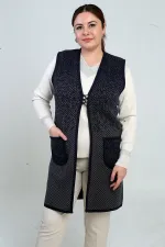 Kadın Önü 3 Düğmeli Mini Artı Desen Büyük Beden Cepli Triko Uzun Yelek