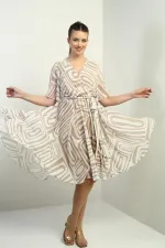 Women's Wrap Neckline Belted Lined Geometric Pattern Chiffon Dress