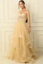 Long, Layered Tulle Taffeta Evening Dress with Beaded Embellishments