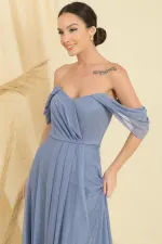 Düşük Kollu Astarlı Eteği Piliseli Simli Uzun Tül Elbise