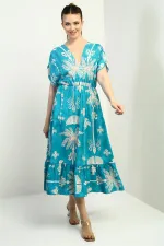 Women's Front and Back V-Neck Batwing Sleeve Palm Tree Print Pocket Ruffled Dress