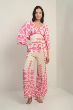 Kadın Ön Arka V Yaka Crop Bluz Beli Lastikli Cepli Palazzo Pantolon Üçgen Desen 2'li Takım