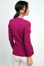 Kadın V Yaka Taş Baskı Detaylı Fitilli Triko Bluz