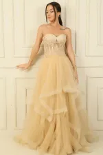 Long, Layered Tulle Taffeta Evening Dress with Beaded Embellishments