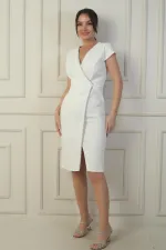 Kadın Kruvaze Yaka Yarım Ay Kollu Taş Detaylı Önü Yırtmaçlı B.B. Elbise