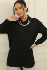 Button-front Shirt Tunic with Pearl Necklace Collar