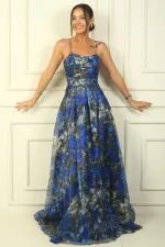 İp Askılı Arkası Bağcıklı Astarlı Pileli Organze Uzun Elbise